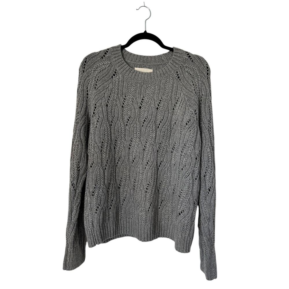 Lucky Brand Sweater Cable Stitch Shine Pullover‎ Size M Heather Grey Open Knit
